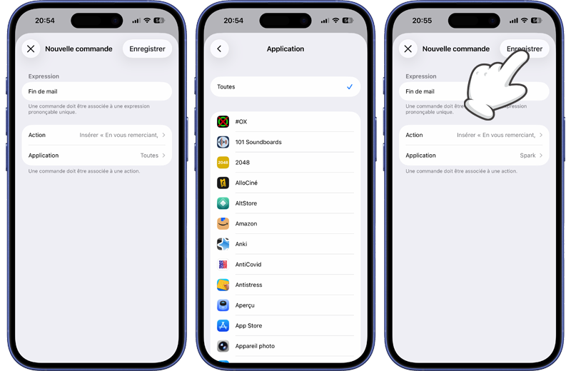 Choisir une app et enregistrer la nouvelle commande personnalis&eacute;e
