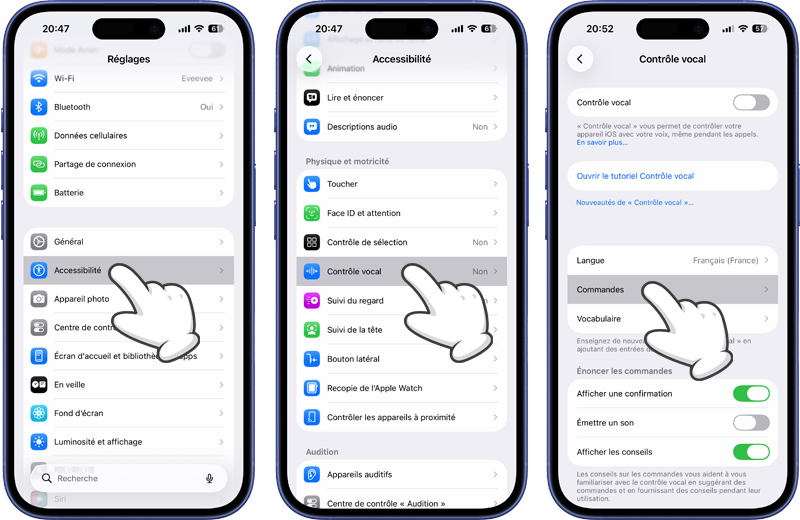 Acc&eacute;der aux commandes du Contr&ocirc;le vocal